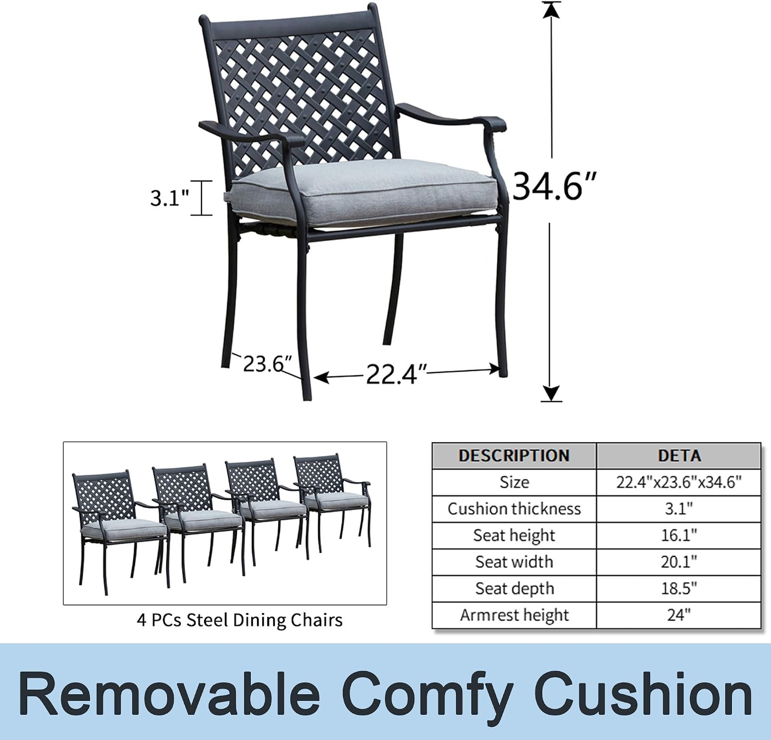Outdoor Dining Chairs Set of 4,Patio Dining Chairs Steel Outdoor Furniture Set Dining Chairs with 3.1" Thick Cushion for Kitchen,Garden,Backyard(4 PCs,Grey)