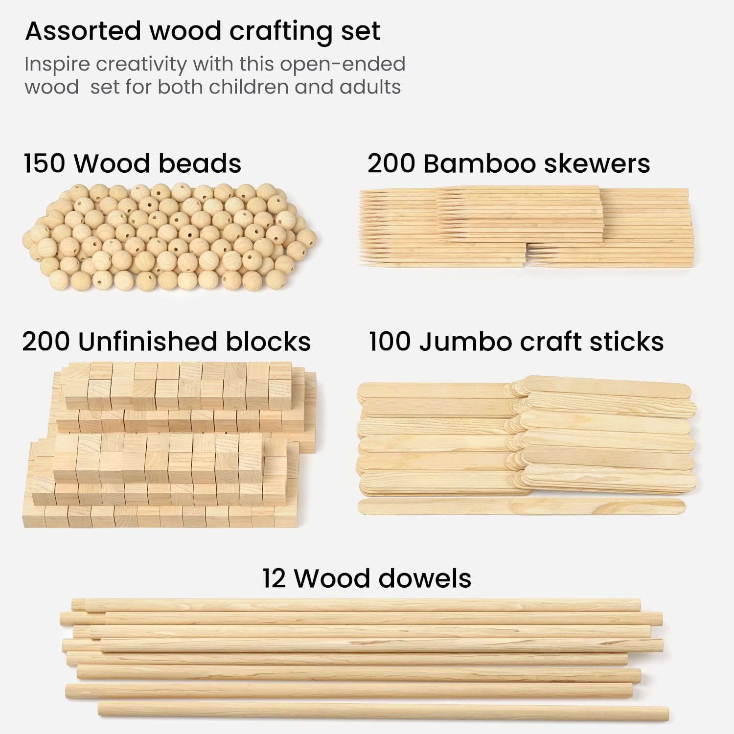 Arteza Wood Crafting Kit, 662 Pieces, 200 Bamboo Skewers, 200 Unfinished Blocks, 150 Wood Beads, 100 Jumbo Craft Sticks, 12 Wood Dowels, Art Supplies for Unfinished Wood Crafts and DIY Projects