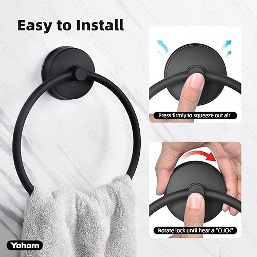 Miniatura 3 de YOHOM Anillo de toalla con ventosa negro mate, soporte para toallas de mano para baño, acero inoxidable con succión al vacío, soporte para paños de