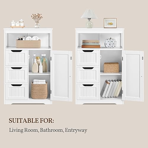 Miniatura 5 de Yaheetech Armario de suelo de baño, organizador de almacenamiento de madera con 1 puerta y 3 cajones, armario independiente para cocina, sala de