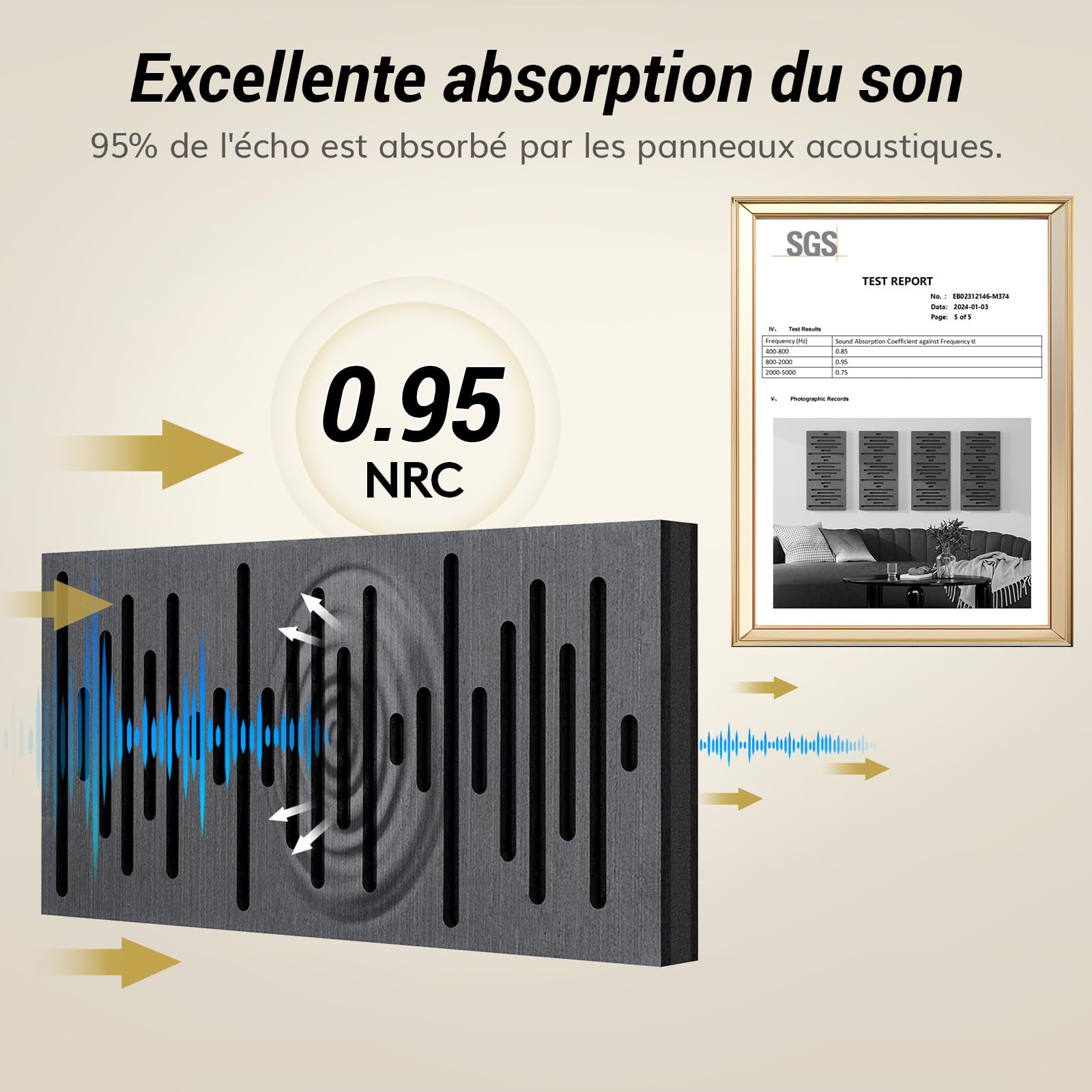 TONOR Lot de 4 Panneau Acoustique Mural, Mousse Panneau Acoustique Bois, Insonorisation Panneau Mural Mousse Anti Bruit pour Isolation Phonique pour Home, Studio, 60x30x4,7cm, Noir