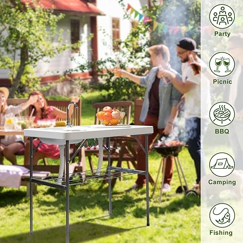 Miniatura 6 de VINGLI Mesa plegable de limpieza de peces con 2 fregaderos, mesa de campamento portátil para exteriores con rejilla y rociador, mesa de corte con