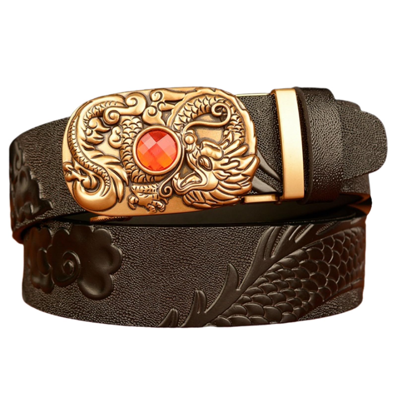Cinturón De Vestir De Carraca para Hombre Hebilla Automática Deslizante Dragón Tallado Occidental En Relieve Cuero De Vaca De Grano Completo Correa De Grueso(110cm/43, Dragon-F)