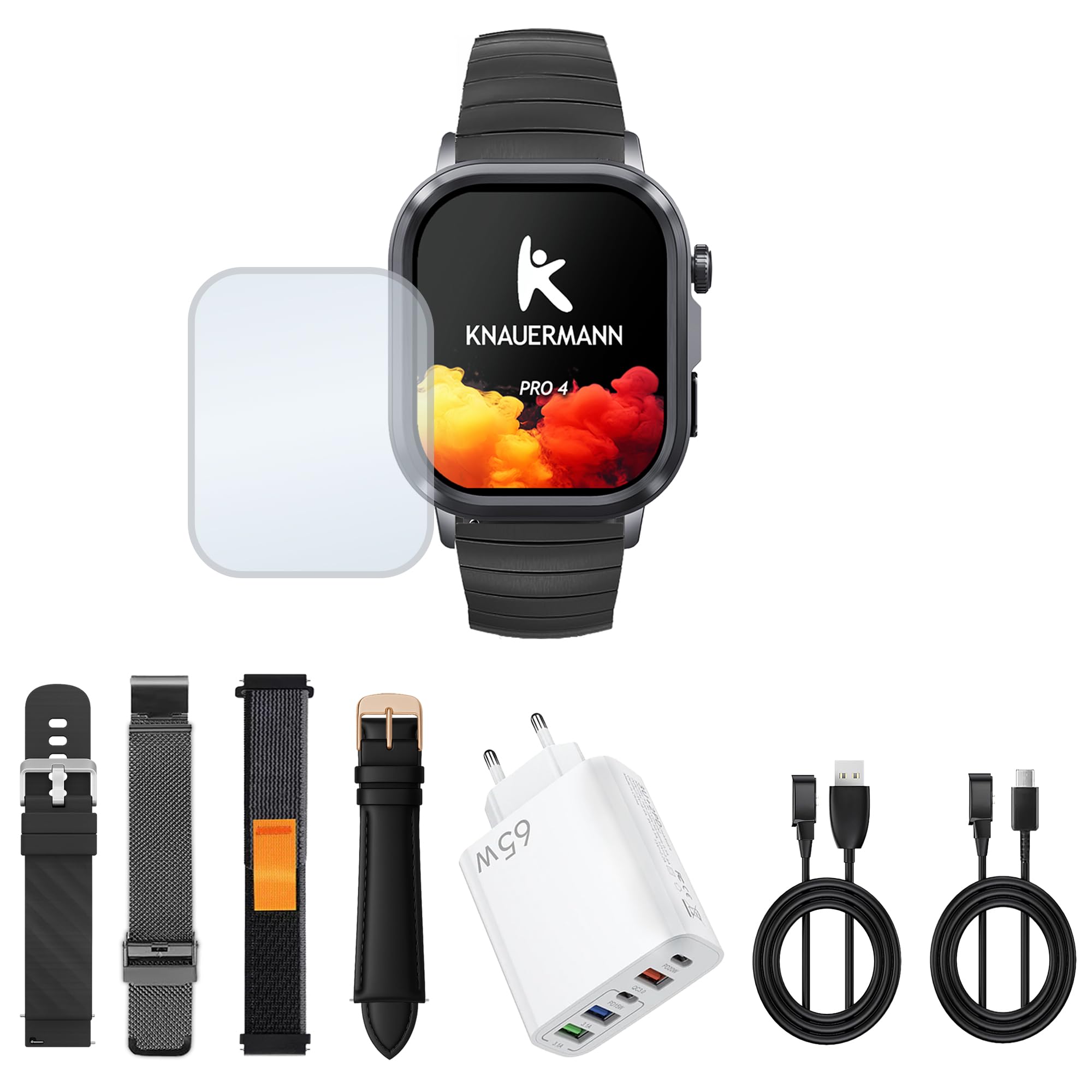 Knauermann PRO 4 (2026) Eckig Schwarz - EKG Gesundheitsuhr mit Blutdruck, Puls und Blutsauerstoff Messung, Telefonfunktion, Schlafanalyse, IP67, 46 mm - Premium Paket