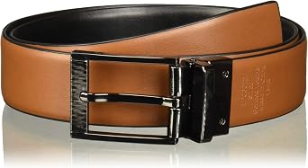 Perry Ellis Portfolio Feather Edge Leather Men's Belt, Reversible with Etched Buckle, Soft Touch Material