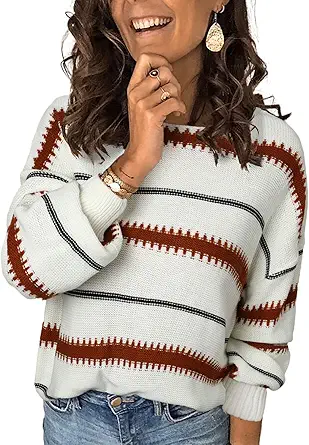 Dokotoo Womens Color Block Sweaters Long Sleeve Crewneck Pullover Knit Jumper Tops