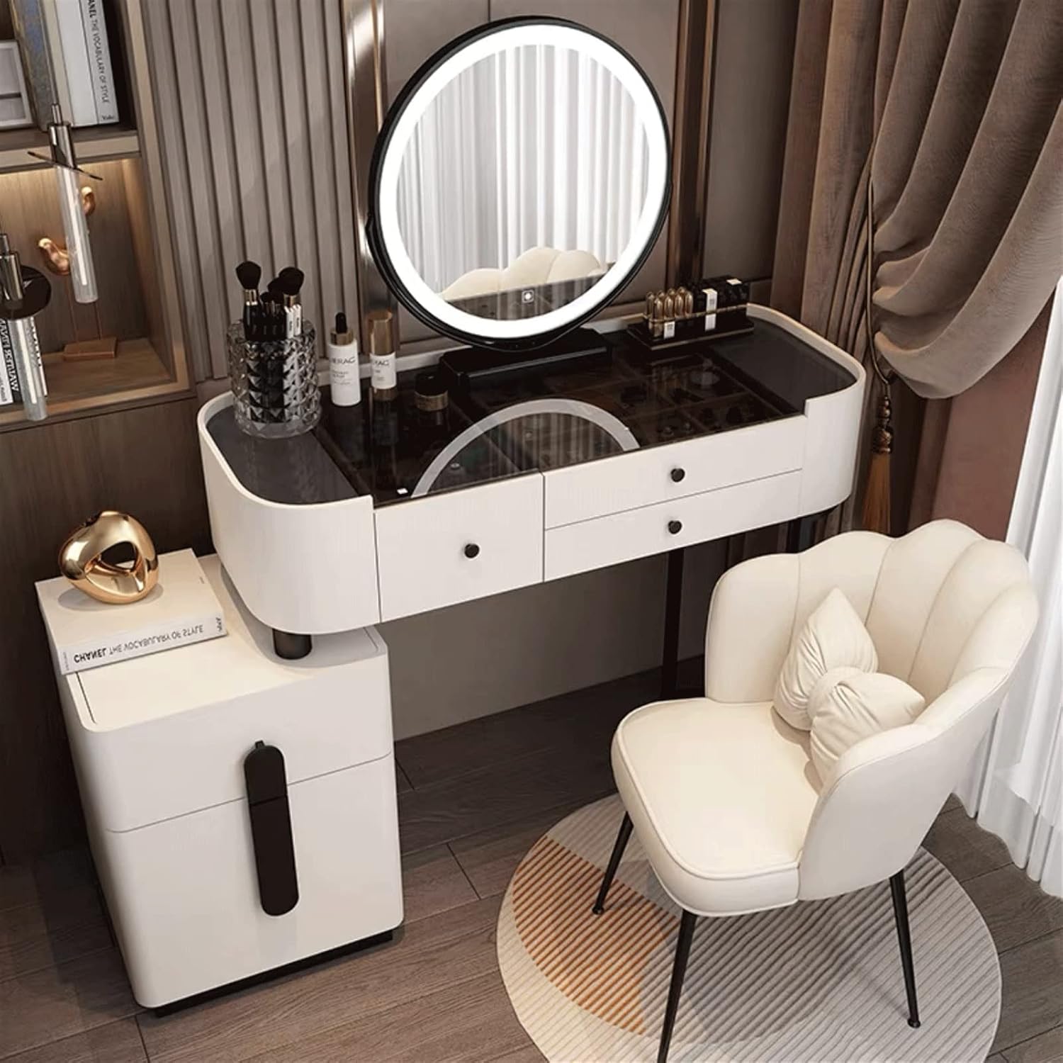 Dressing Table - with 3 Colors Led Hd Mirror,Comfortable Stool Drawers Cabinet,Modern Simple Style,for Girl's Gift (Size : 100cm) ()