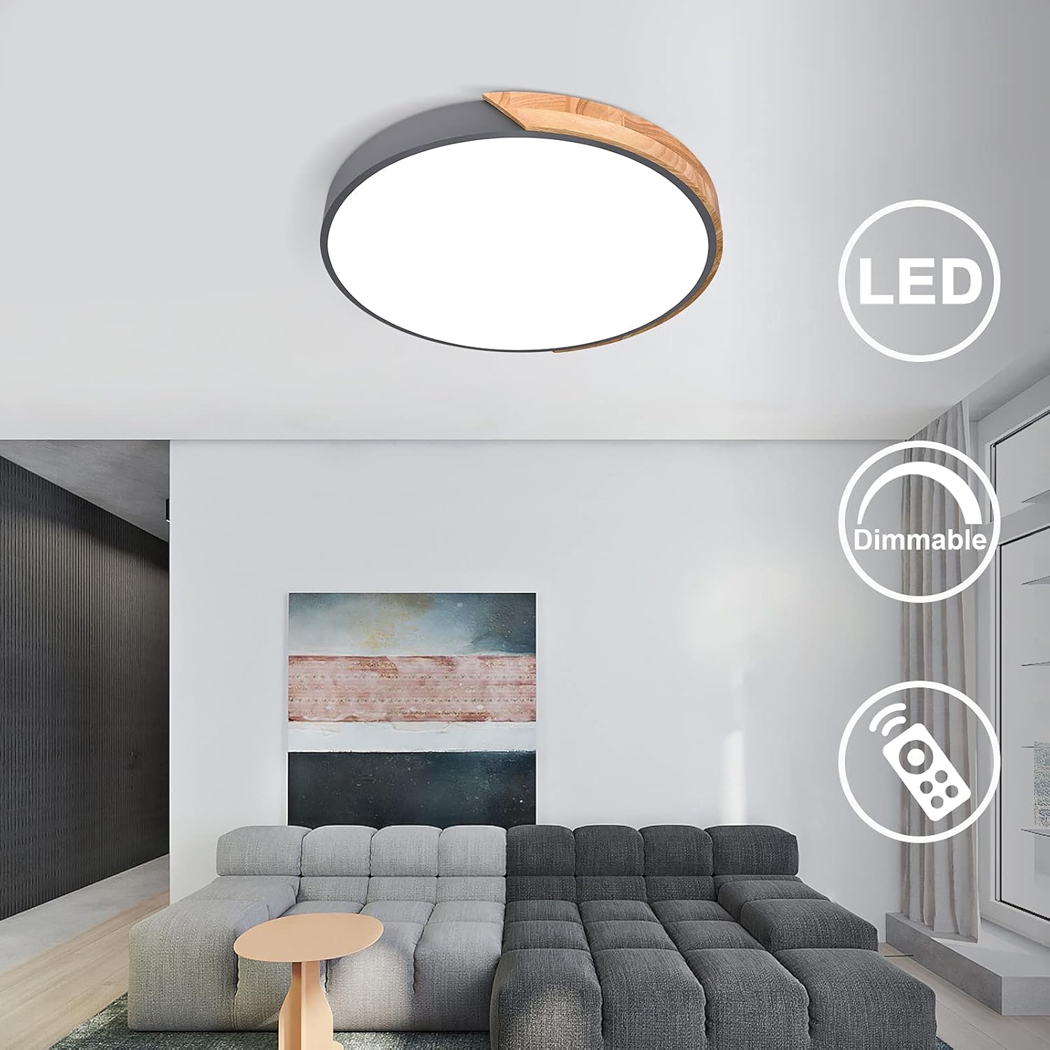 Bеѕt Rеvіеw HUOKU Dimmable Flush Mount Ceiling Light, 15 inches Wood & Metal Modern Round Shape Lighting Fixtures with Remote Control, Ceiling Light Fixture for Bedroom, Living Room 3000K-6500K (Grey)