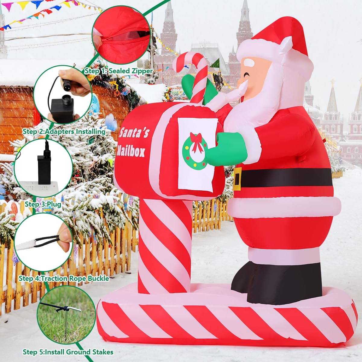 COMIN 5.9 FT Tall Christmas Inflatables Outdoor Decorations Santa Claus Sent Letter Blow Ups with Built-in LEDs for Yard Party Lawn Decor