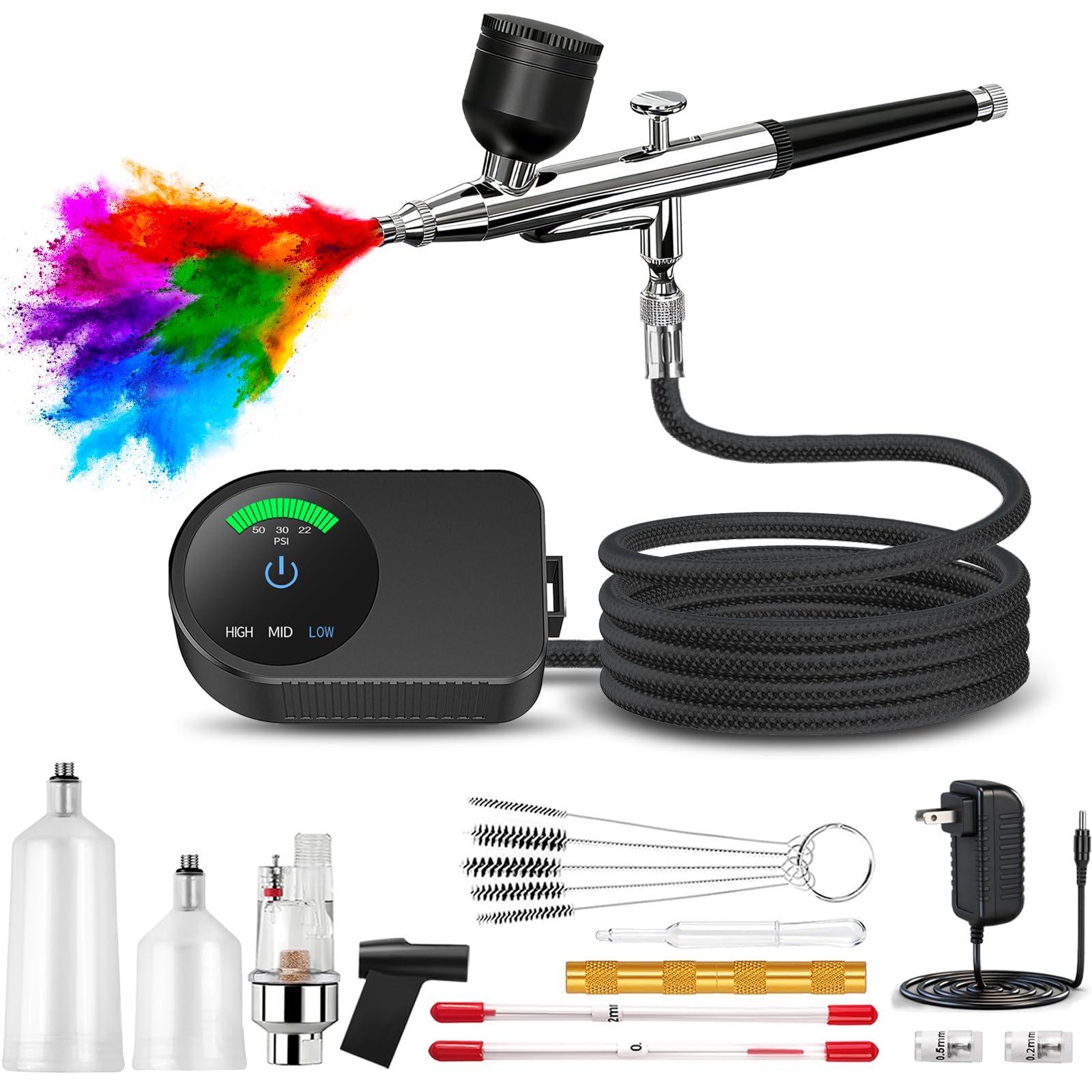 Airbrush Kit with Air Compressor, 22/30/50 PSI High Pressure Air Brush Non-Clogging with 0.2/0.3/0.5mm Nozzle/Cleaning Sets, Ideal for Painting, Modeling, Cake Decor, Makeup,Nail Art