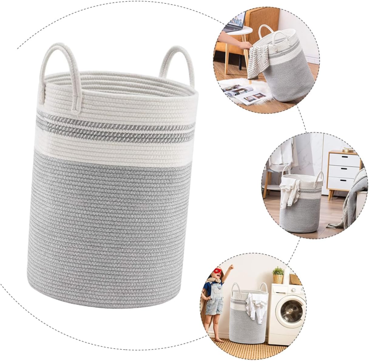 ibasenice Woven Cotton Rope Laundry Basket, Gray and White Straight Cylinder 38x50cm, Handmade Multipurpose Storage Bin for Laundry Room and Bedroom Organization