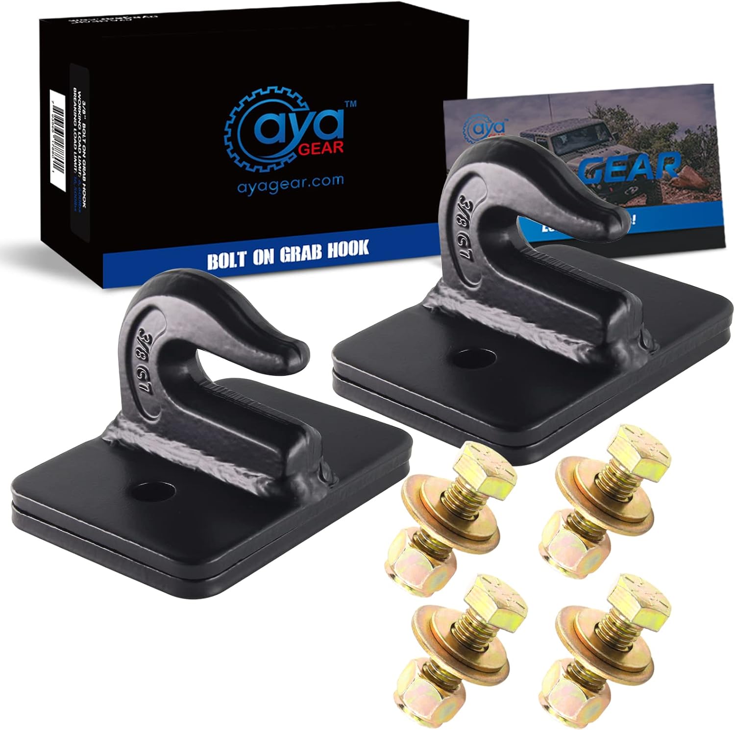 Aya Gear 2パック 3 8インチ ボルトオン グラブフックマウント バッカープレート付き グラブフック グレード70 鍛造スチール 牽引フック ローダー トラクターバケット Rv Utv トラック用 ブラック