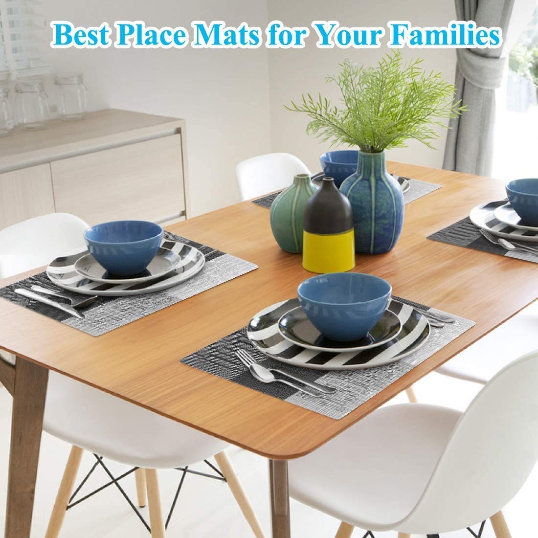 Cartxomy New Placemats for Dining Table, Washable Heat-Resistant Table Mats, Stain Resistant Woven Vinyl Place Mats Placemats (Black and Silver, 12) 3