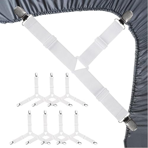 8 correas para sábanas  Correas ajustables triangulares elásticas para sábana bajera, clips de sábanas chapados en níquel de primera calidad para