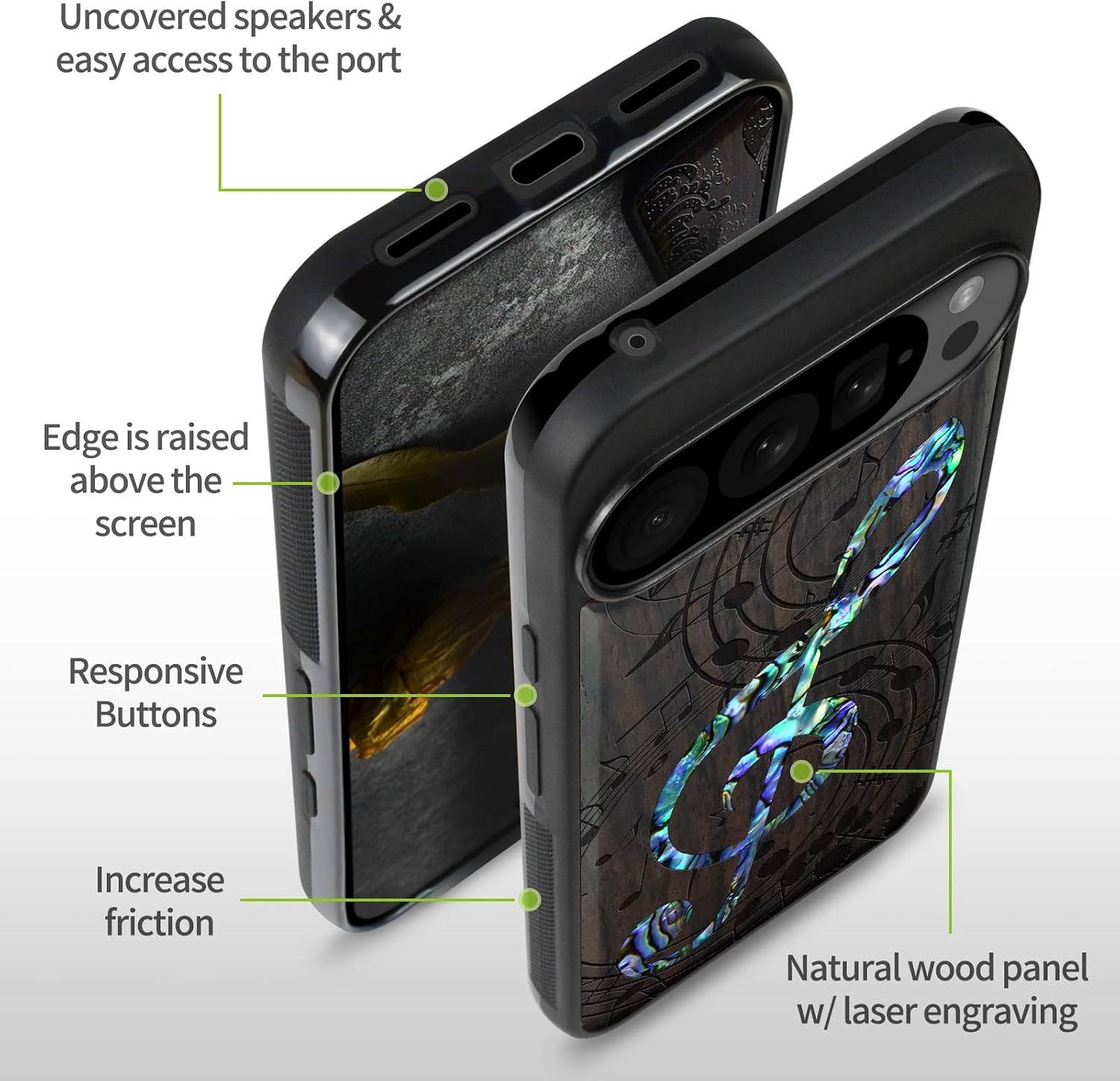 Carveit Magnetic Wooden Case for Google Pixel 10 Pro XL Case, Wood Artisan Engraved & Handmade Shell Inlaid, Compatible with MagSafe Wireless Chargers, Musical Note - Blackwood