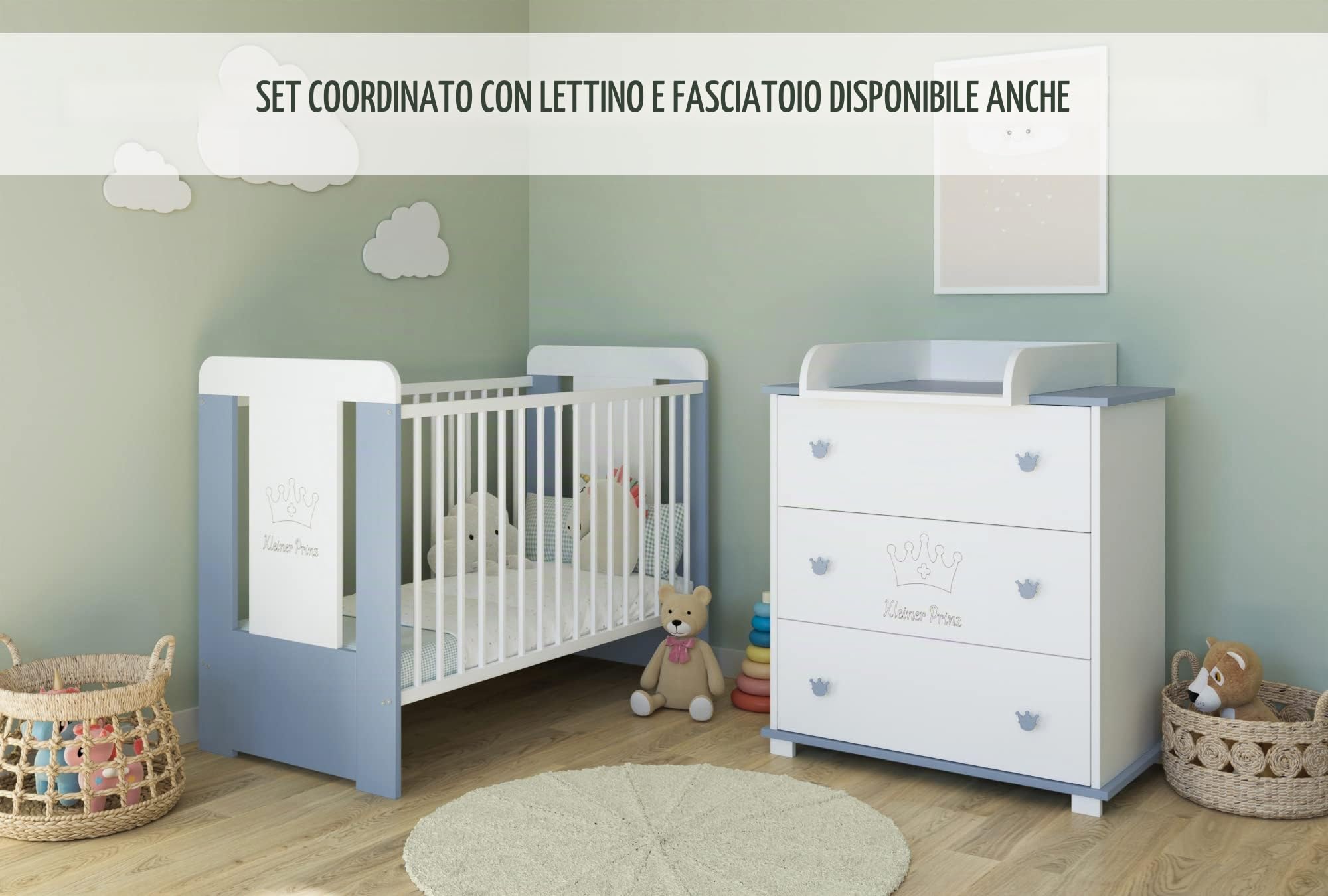 Kids Collective Cassettiera fasciatoio Fasciatoio con attacco per fasciatoio con 3 cassetti e incisione Piccolo Principe in bianco blu Boy Made in Europe