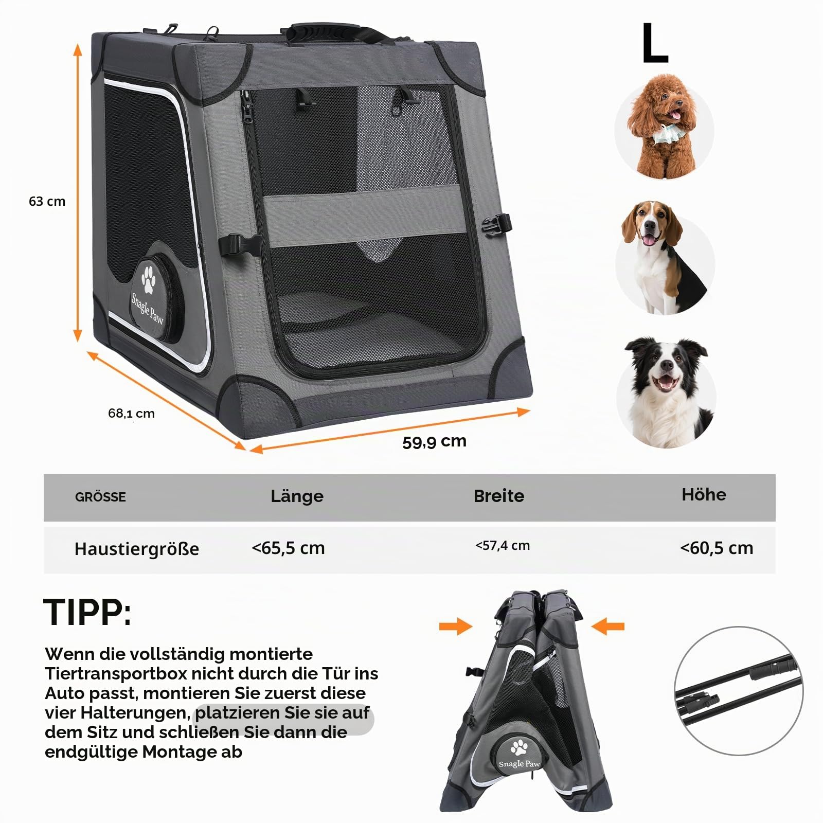 Snagle Paw Tragbare Hundebox für Autoreisen, Metallrahmen-Haustierkäfig, Haustier-Transportbox für Auto-Rücksitz, befestigt mit Kopfstützengurt und Sicherheitsgurt, L, Grau