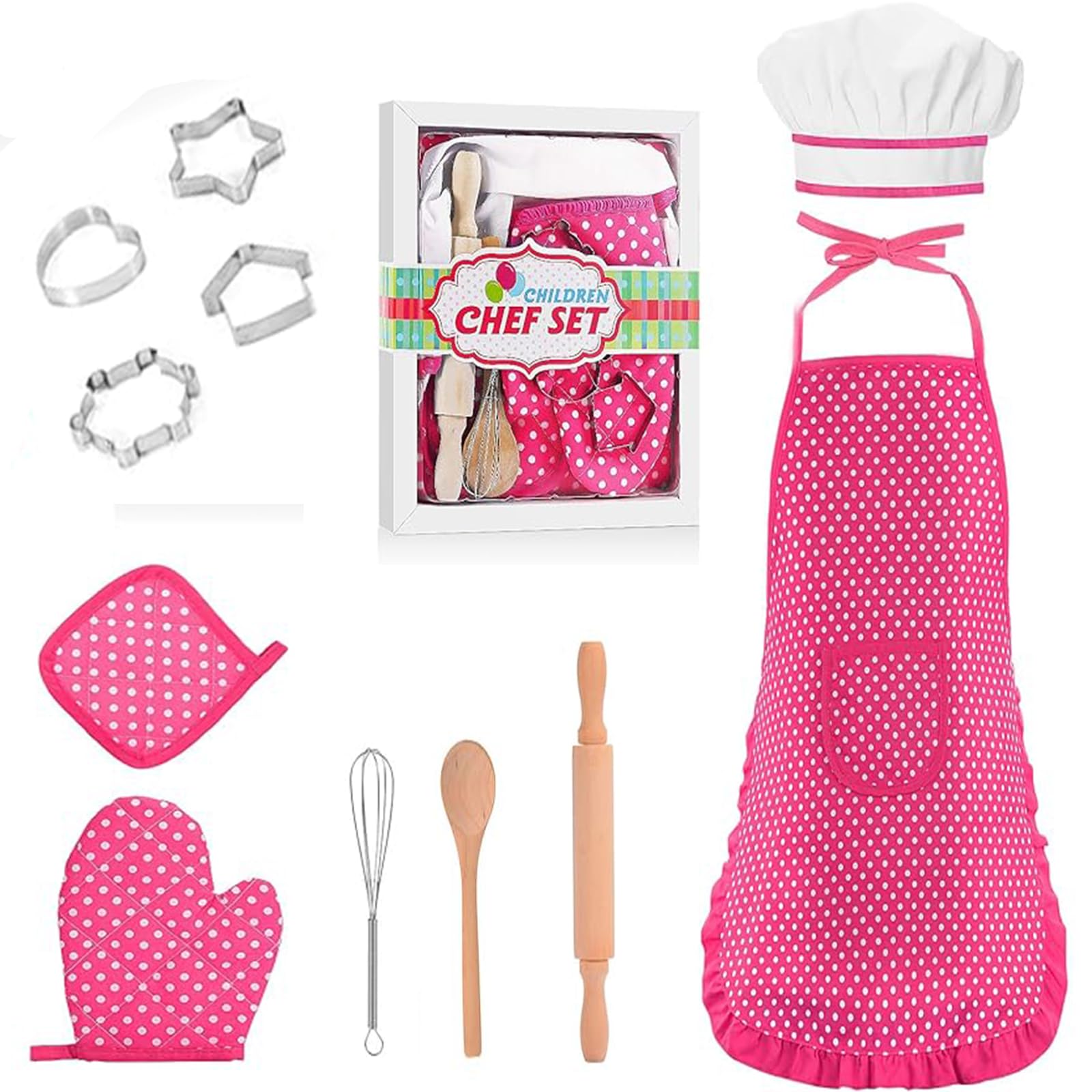 Kids Cooking Baking Set 11 Pcs, Kids Chef Role Play Costume Set - Chef Hat and Matching Pink Apron Children Dress up Pretend Gift for 3--8 Year Old Girls.