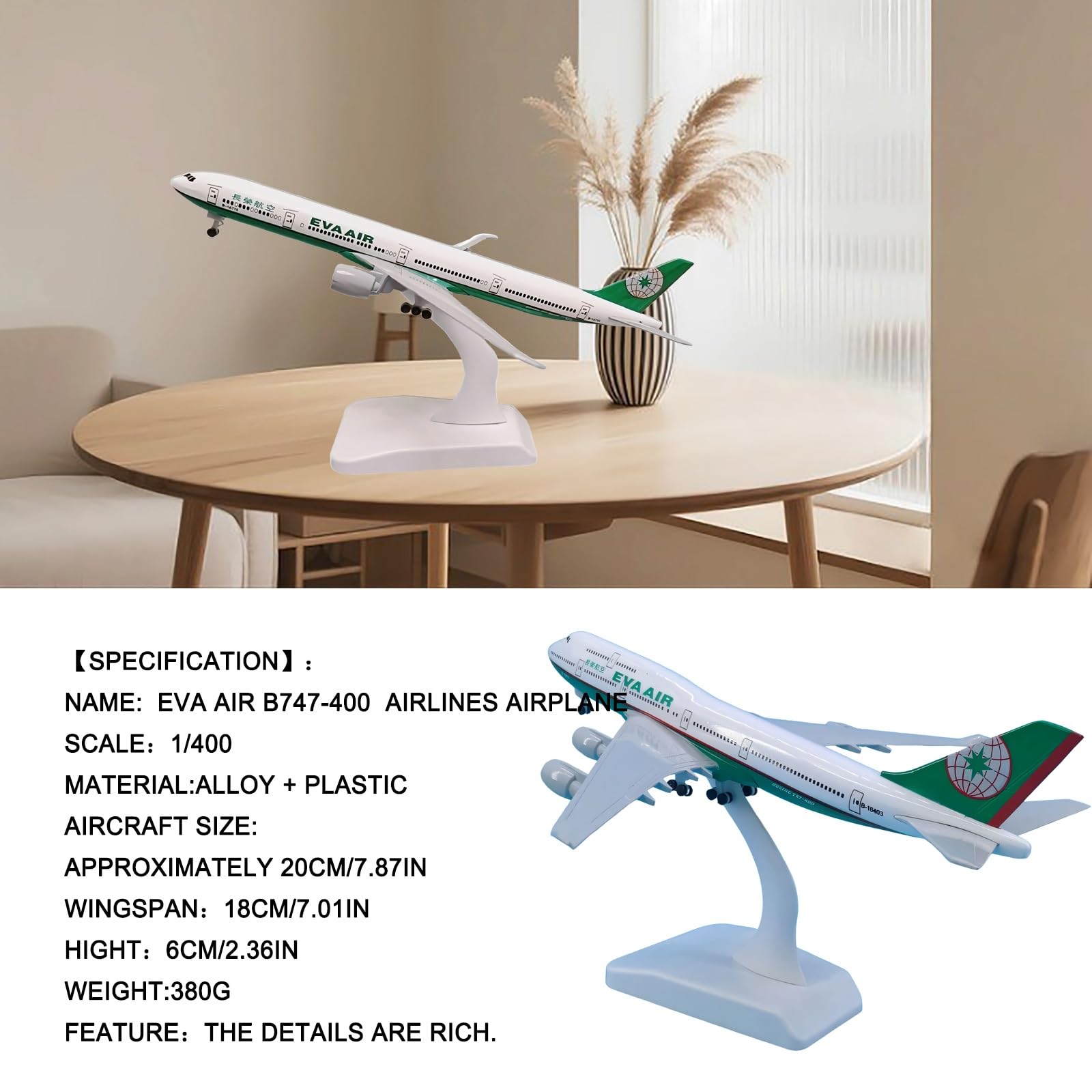 Modello aereo metallo pressofuso EVA Air B747-400 Airlines in scala 1/400, carrello atterraggio con ruote rimovibili, gruppo staccabile for gli appassionati aviazione, decorazioni