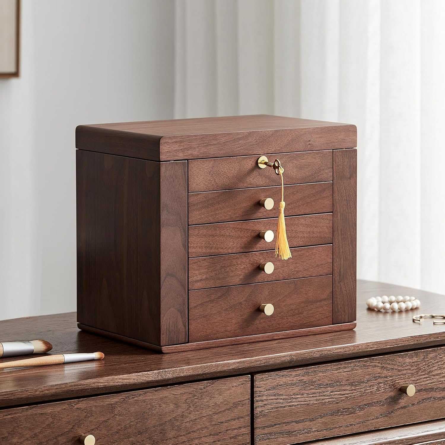 Drewniane pudełko na biżuterię z zamkiem dla kobiet, organizer w stylu vintage z lustrem, przechowywanie naszyjników, pierścionków i biżuterii, bezpieczny i elegancki design