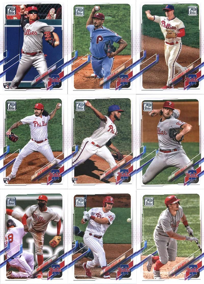 2021 Topps Complete (Series 1 & 2) Philadelphia Phillies Team Set of 23 Cards: Roman Quinn(#79), Jean Segura(#109), Brandon Workman(#160), Rhys Hoskins(#162), Hector Neris(#171), Spencer Howard(#244), Bryce Harper(#250), Alec Bohm(#277), Jay Bruce(#308), Jake Arrieta(#317), Philadelphia Phillies(#428), Andrew McCutchen(#431), Mickey Moniak(#457), Zach Eflin(#460), Scott Kingery(#464), Jojo Romero(#508), Adonis Medina(#510), Aaron Nola(#537), plus more