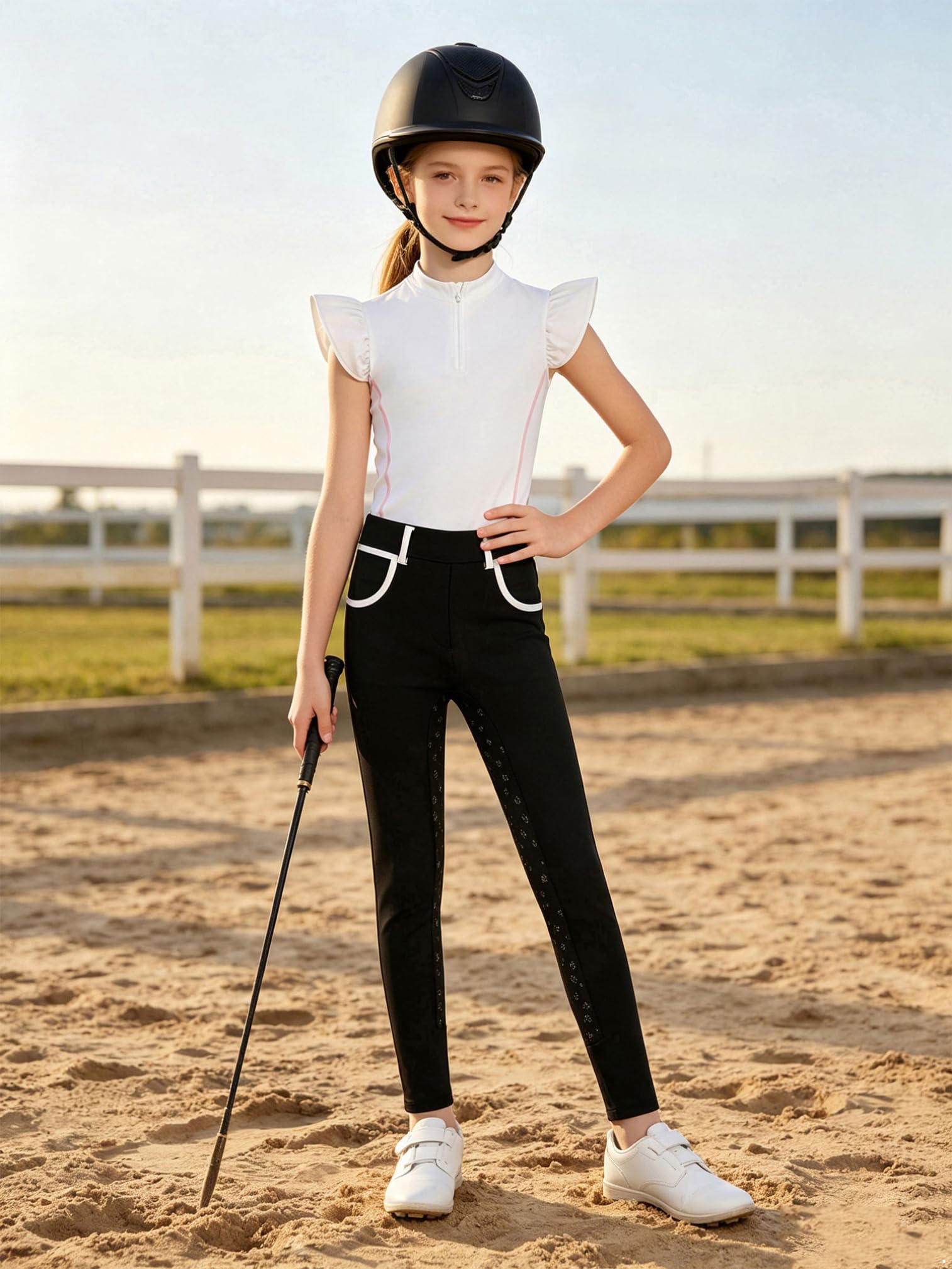 ranrann Niña Conjunto Deportivo Leggings Equitación Traje Gimnasia Deporte Blanco Negro 15-16 años