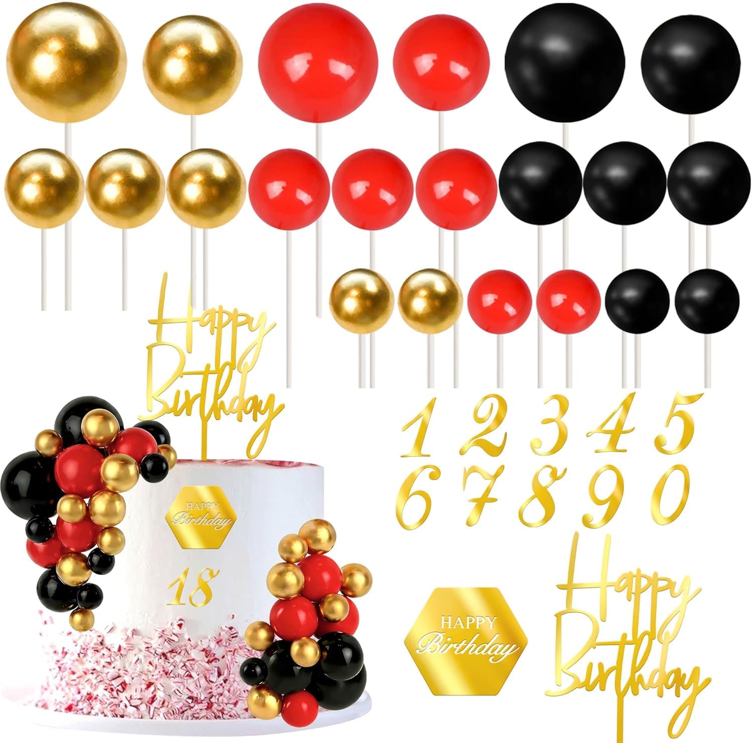SYKYCTCY 48 Pack Happy Birthday Foam Ball Cake Decorations Shiny Number Ball Cake Picks Foam Balls Cupcake Toppers Mini Balloons Cake Decorations for Wedding Enaggement Party Supplies Red