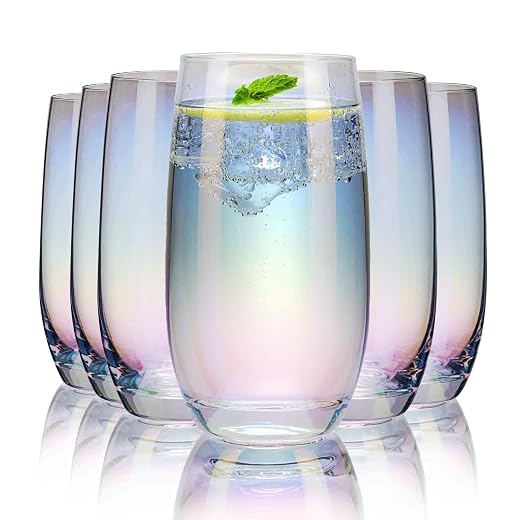 CUKBLESS Iridescent Drinking Glasses Set of 6 - Crystal Highball Water Glasses - Glass Cups for Water, Juice, Beverage, Mojito-13 Oz