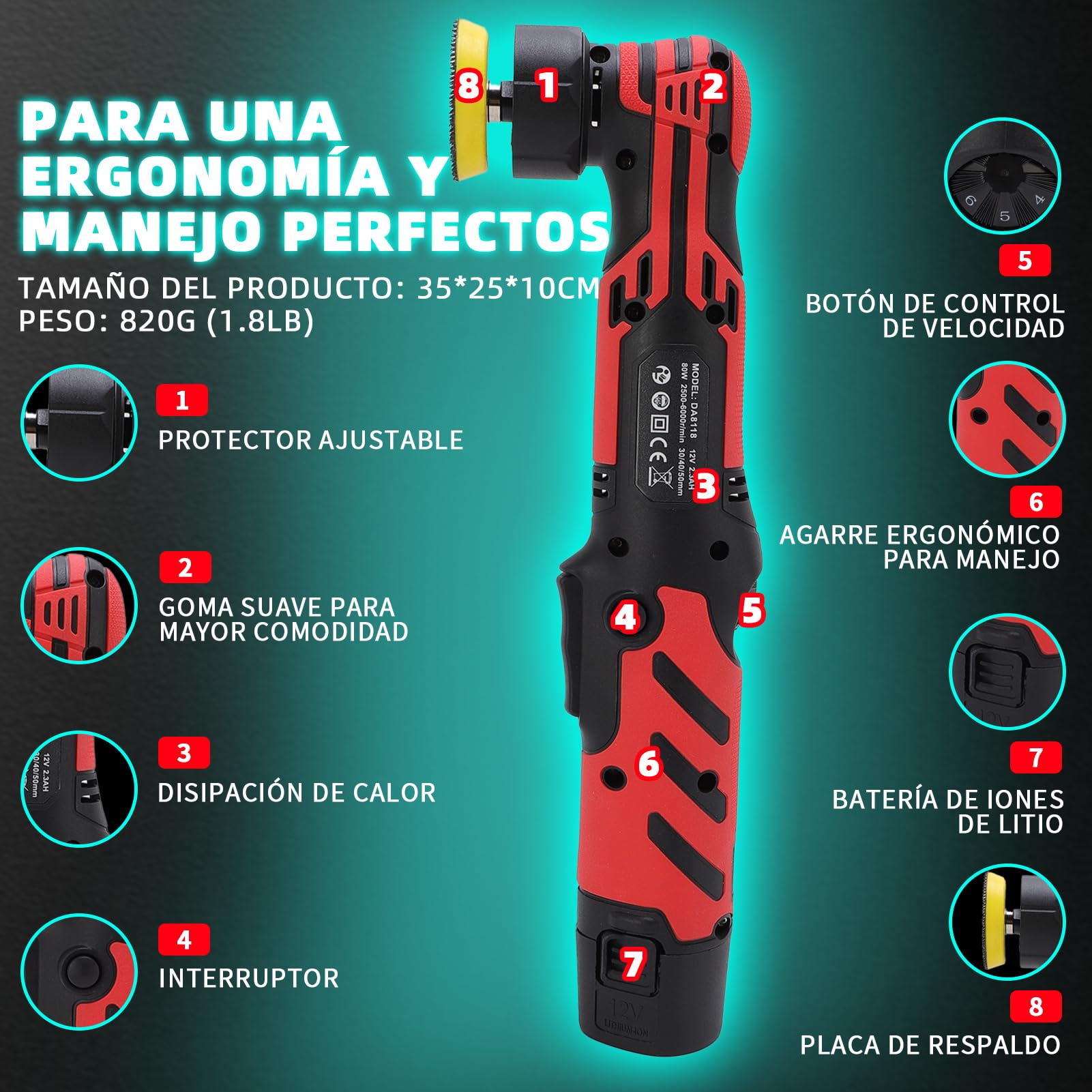 Pulidora Coche Inalámbrica 12V, Mini Pulidora Orbital con 6 Velocidades Ajustables 2500-6000RPM, Kit de Pulido para Quitar Arañazos y Pulir Faros