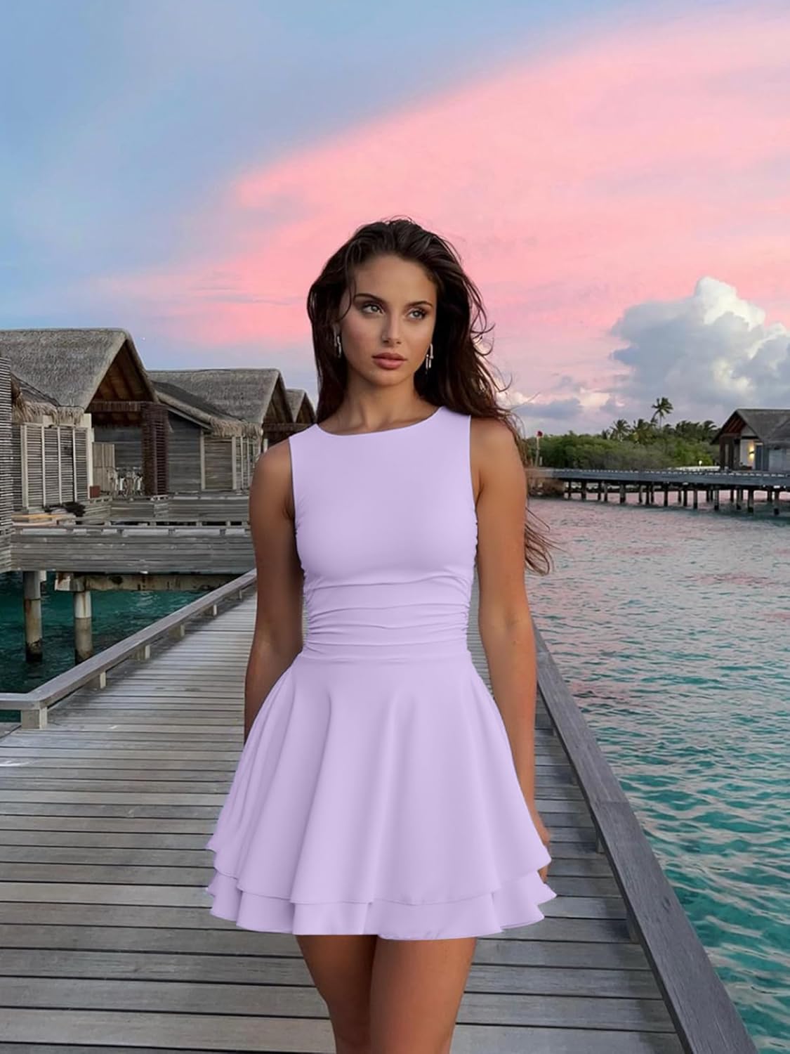 Kaximil Women's Ruffle Hem Boat Neck Mini Dress Sleeveless Ruched Corset Short Party Dresses - Image 3