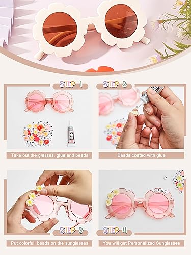 Miniatura 4 de 14 lentes de sol redondos de flores con 200 cuentas de letras al azar, 50 dijes de margaritas con pegamento para nombre de bricolaje