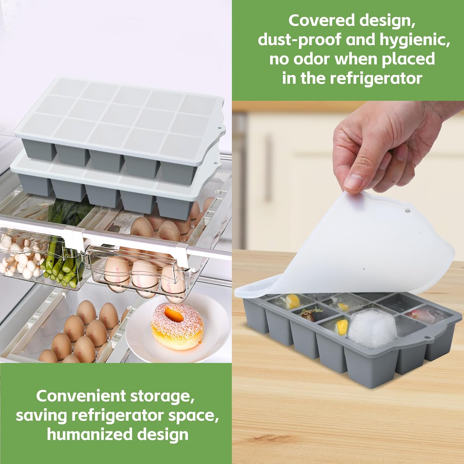 Silicone Ice Cube Tray with Lid, Gray, Ice Cube Moulds, Silicone