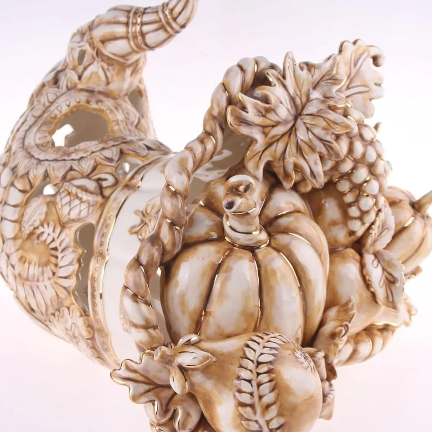 Blue Sky Ceramic Bountiful Thanksgiving Cornucopia Tealight Candle Holder, 15" x 13" x 10.5", White/Gold