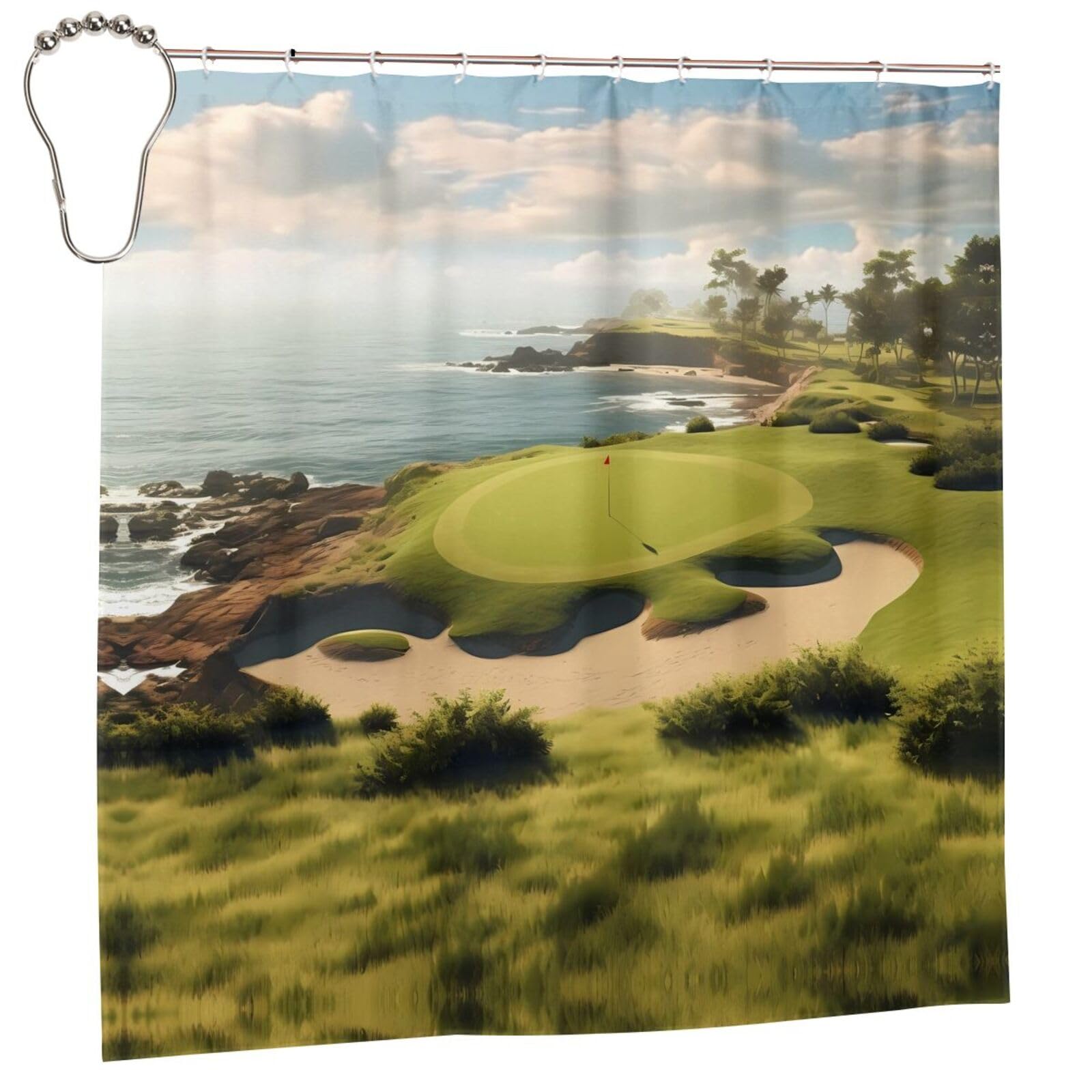 Rideau De Douche Imprimé Terrain De Golf - Imperméable - 183x183 Cm - 12 Crochets Inclus - Déco Salle De