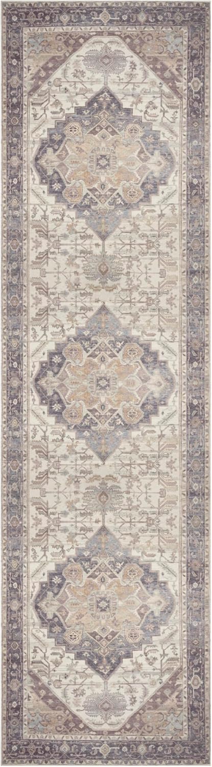 Nourison Home Vintage Washables Ivory Purple 2'2" x 8' Area Rug - Easy Clean, Non Shedding, Bed Room, Living Room, Dining Room, Kitchen (8' Runner)