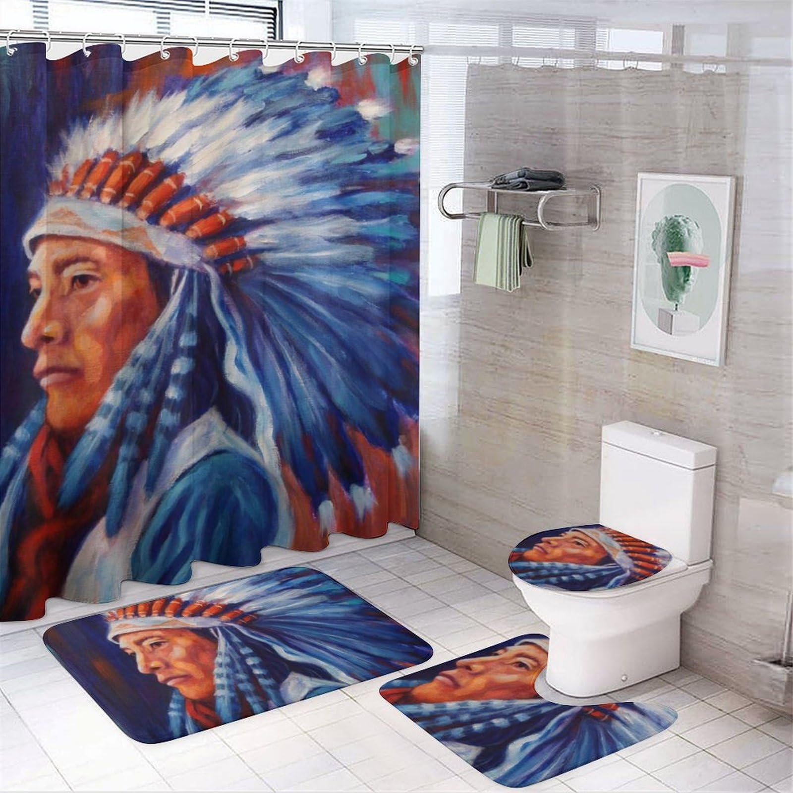 CGSBNGHA Native Indian Chief Shower Curtain Set 4 Piece Bathroom Sets with Rugs Toilet Lid Cover And U-Shaped Floor Mat
