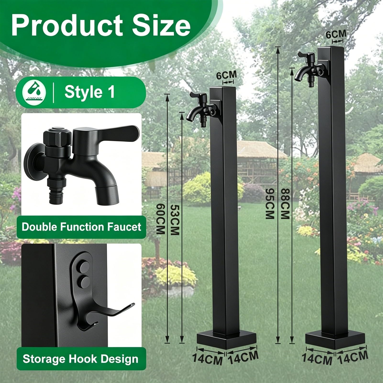 Grifo de agua para jardín columna de agua para exteriores, grifo entrada doble y estante manguera, hidrante de jardín, grifo con espiga exteriores de acero inoxidable(Estilo 1,Height: 95cm/37.4in)