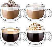 Vista 9 de Taza de café expreso glastal de 5oz de vidrio de doble pared, tazas de café con mango, juego de 2 tazas con platillo en forma de corazón, tazas