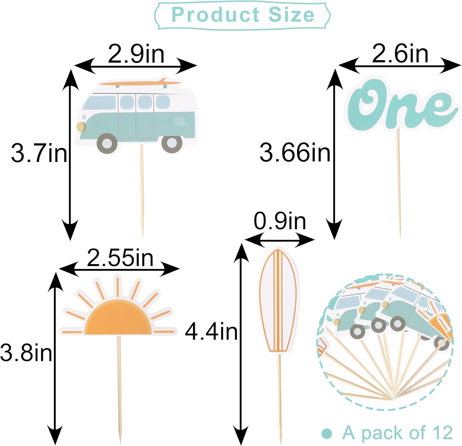 The Big One Cupcake Toppers - Retro Surfer Theme First Birthday Decor Set of 12pcs,Ocean Themed Cupcake Tops Surf Board Sun Retro Van Big One,1st Birthday Party Decorations,Photo Props for Summer