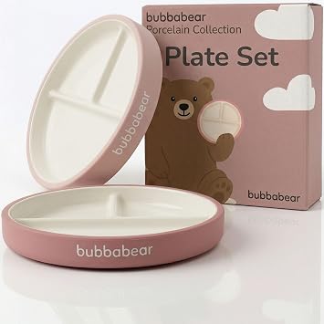 Bubba Bear Baby Porcelain Weaning Plates with Silicone Suction Sleeves | Divided Plate for Babies & Toddlers | Microwave & Dishwasher Safe | Stay Put Tableware | Snack Dishes | 2 Pack