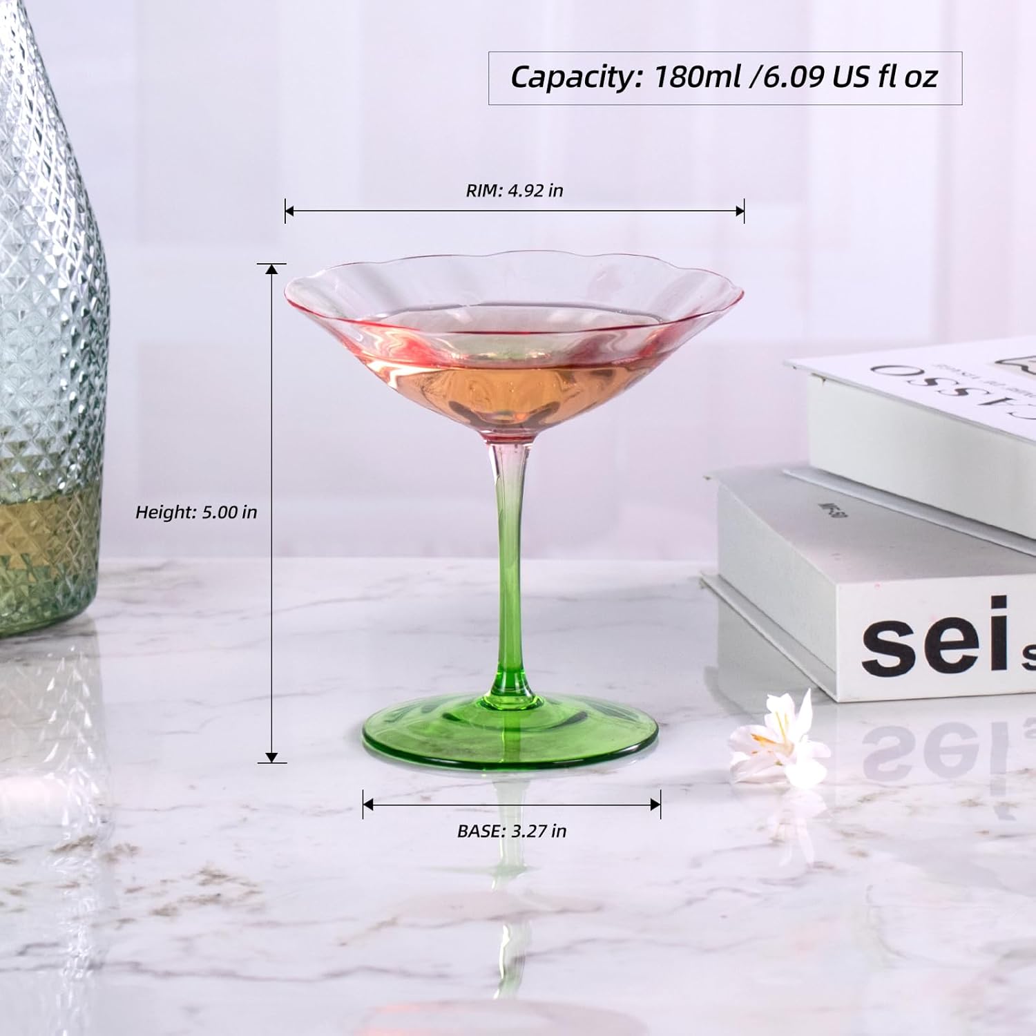 KAMMAK Martini Glasses Set of 2, 6.09 oz Clear Crystal Cocktail Glasses with Stem, Reusable Cocktail Glassware for Wedding Birthday Party, Bar, Margarita, Whiskey, Gin, Tequila, Pink-Green Cocktail