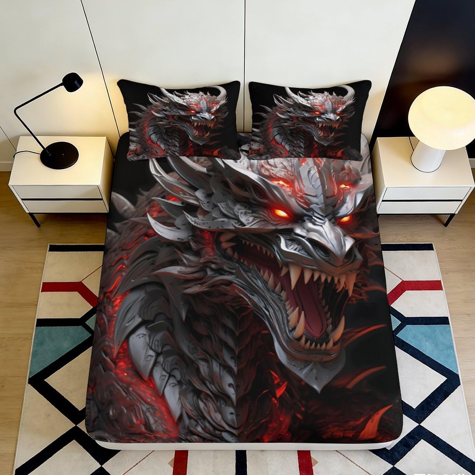 Pnayamiorkfel Style-6 3D Printed Fierce Dragon Fitted Sheet Microfiber Soft Black Red Fire Bed Cover For Bedroom Dorm Mattress Protection Decor 90X200x25cm