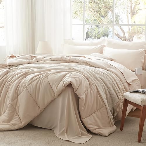 Juego de edredón individual de 5 piezas, ropa de cama beige en una bolsa con sábanas, edredones de tamaño individual con 1 edredón, 1 funda de