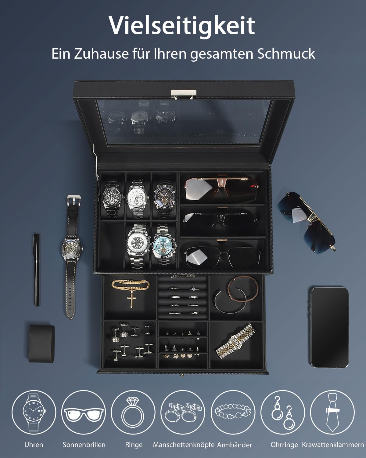 Uhren- und Sonnenbrillenbox mit Glasdeckel – Schmuckkasten für Herren, 6 Fächer, 2 Ebenen, Uhrenetui mit Schloss, Aufbewahrungsbox & Display – Vatertagsgeschenk, Geschenk für Männer