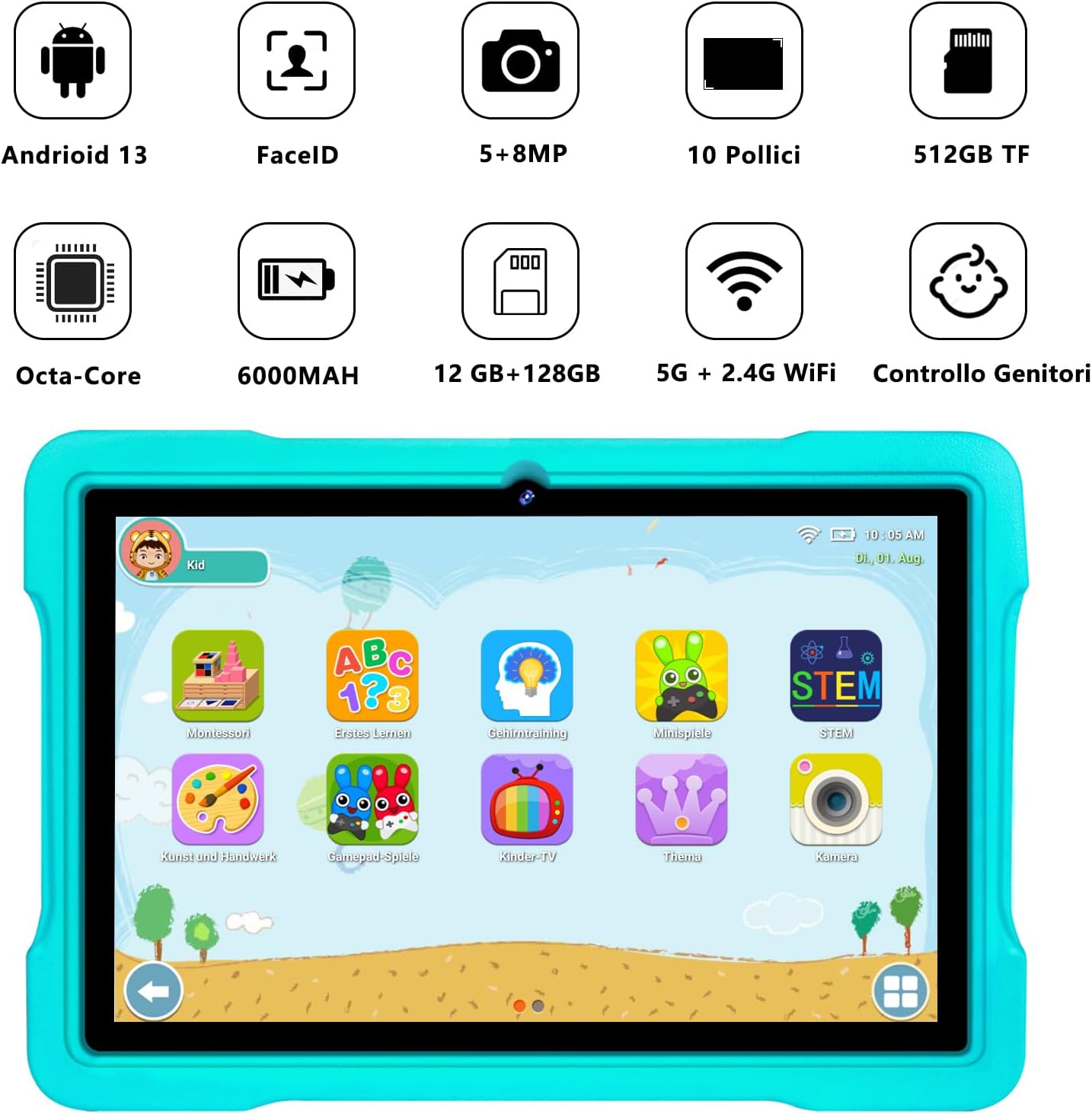 AOCWEI 2023 Tablet bambini 10 Pollici Android 13, 12(6+6) GB RAM 128GB ROM 512GB Espandibili |5G WiFi |6000mAh |Funzione AI |Doppia Fotocamera |Parenta lControl |Sistema Educativo |Custodia EVA AOCWEI 2023 Tablet bambini 10 Pollici Android 13, 12(6+6) GB RAM 128GB ROM 512GB Espandibili |5G WiFi |6000mAh |Funzione AI |Doppia Fotocamera |Parenta lControl |Sistema Educativo |Custodia EVA