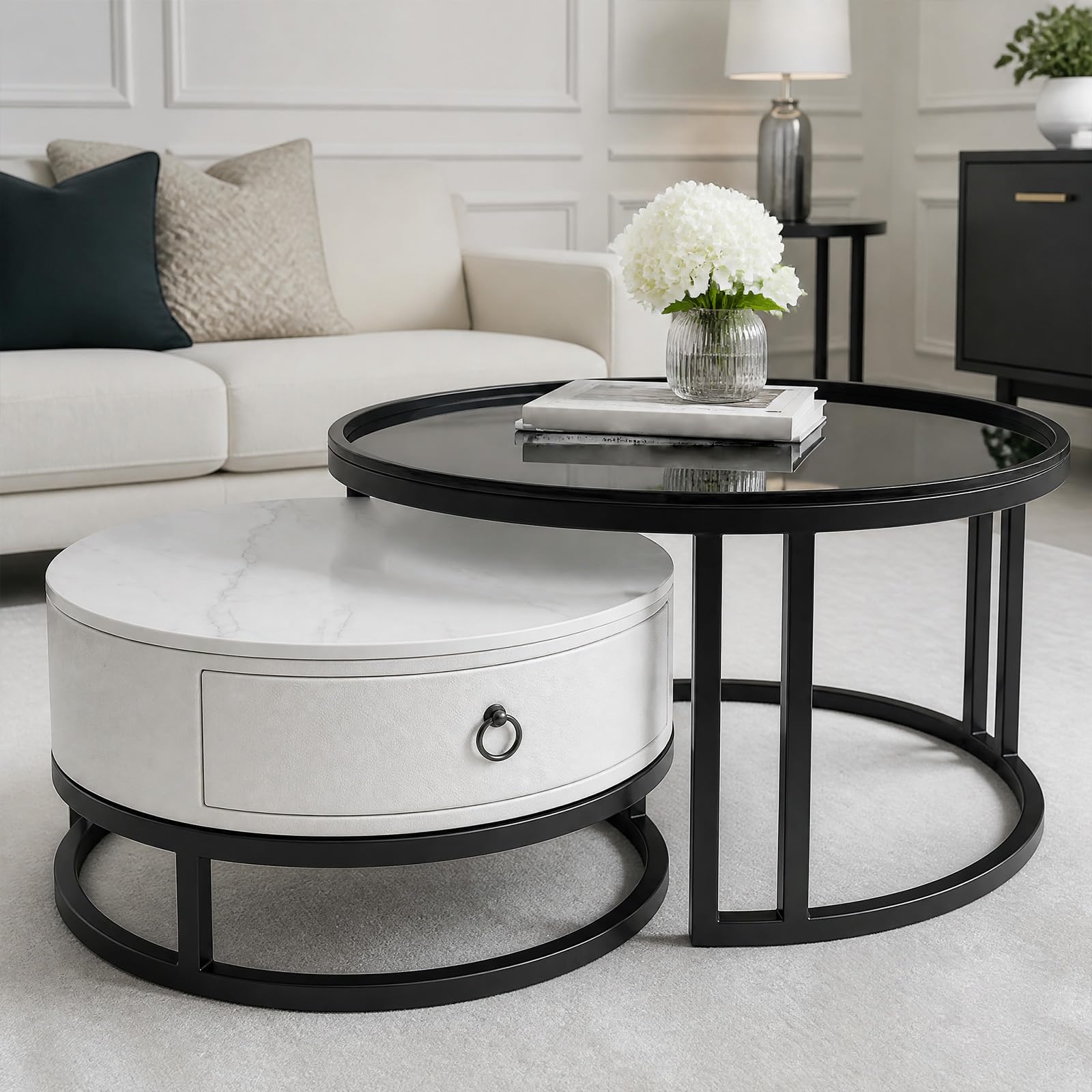 Round Coffee Table with Storage Drawer for Small Living Room