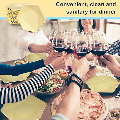 Miniatura 6 de 30 platos de papel desechables, platos de ensalada amarillos hexagonales de 8 pulgadas, platos de papel de postre 100% biodegradables para