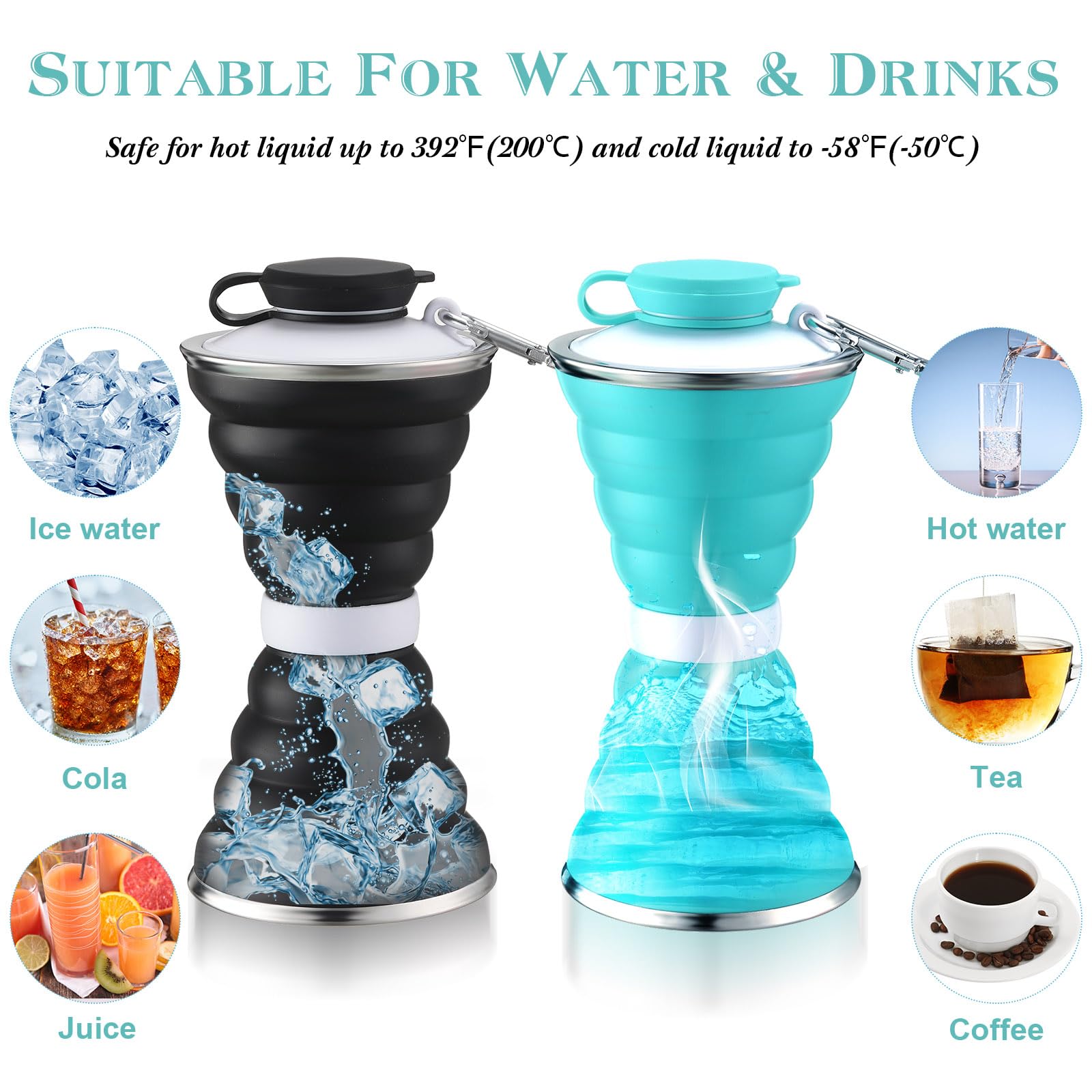 Nuenen Lot de 6 bouteilles d'eau portables pliables de 500 ml en silicone anti-fuite - Bouteille d'eau de voyage réutilisable avec boucle - Pour camping, randonnée, sport, gym, été (couleur vive)