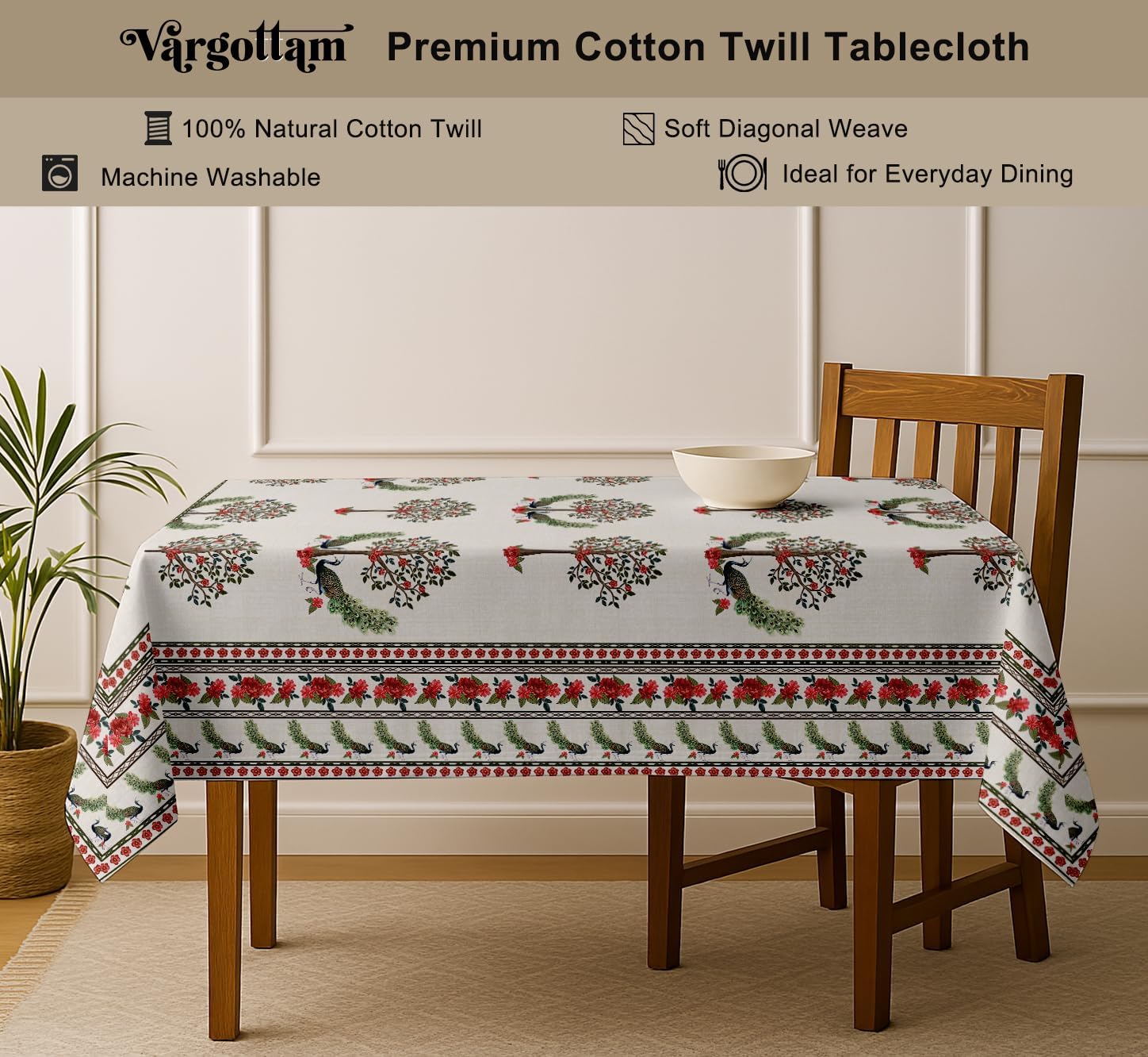 Tree Print Tablecloth - White Cotton Twill Fabric, 54X54 Inch Square Dining Table Cover for 4 Seater, Durable, Machine Washable, Everyday Dining, Matching Napkins & Runners Available