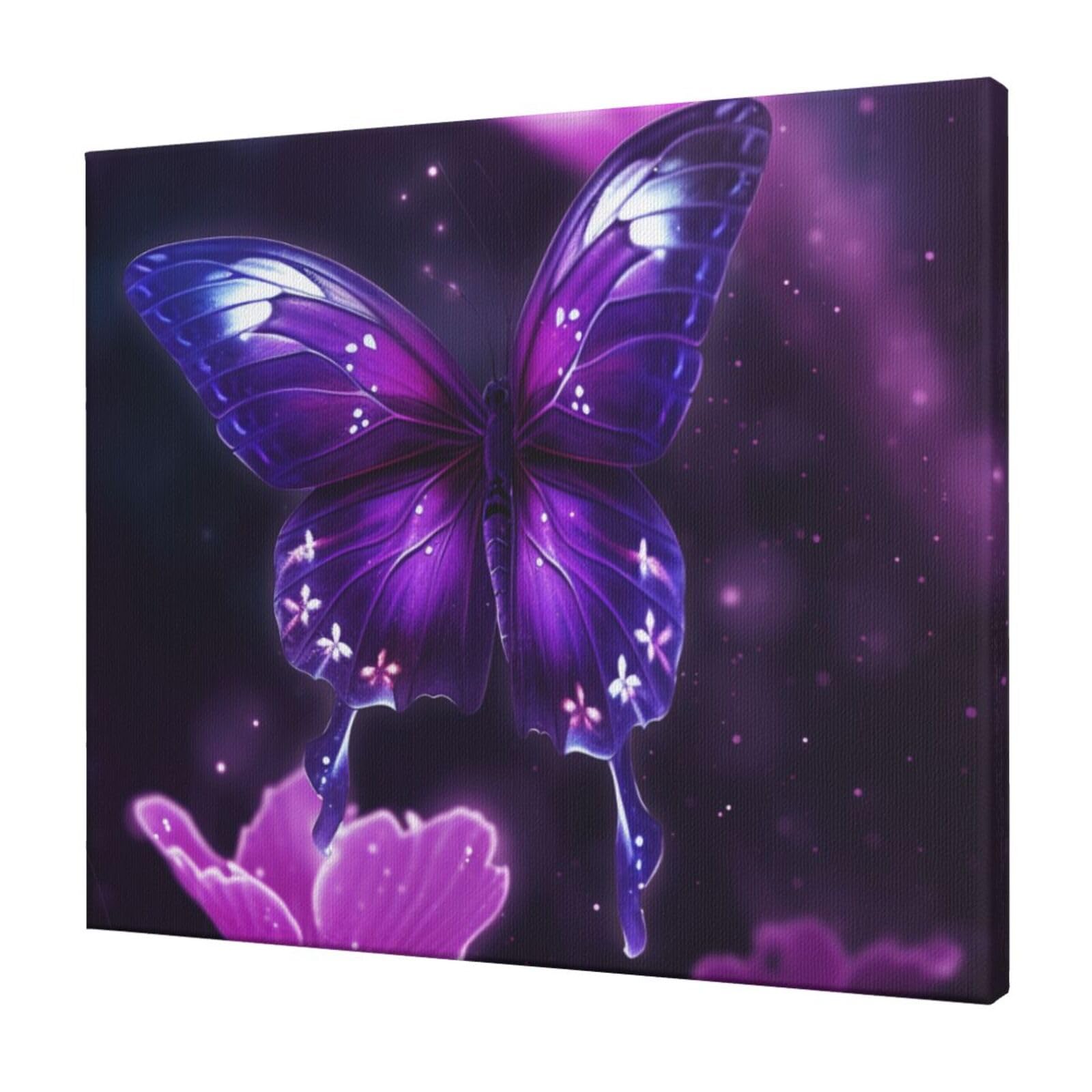 YKLJG Purple Butterfly Printed Wall Art Canvas Prints 60x50 CM Wooden Framed Picture Painting Artwork for Bedroom Kitchen Home Office Decor